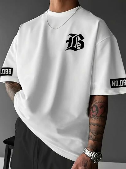 Baskılı Oversize Bisiklet Yaka T-shirt - Beyaz resmi